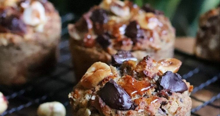 Muffins sans gluten et vegan sarrasin, noisette et éclats de chocolat noir, sans MG ni sucres ajoutés, ig bas